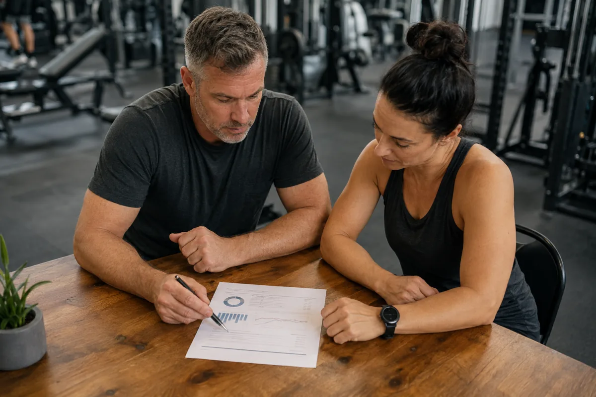 Gym operators reviewing the business numbers