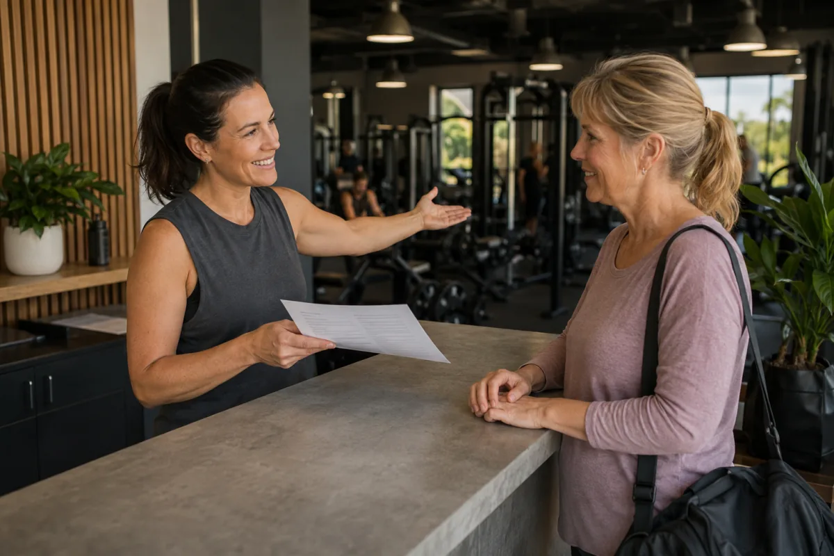 A gym team member welcoming a member at reception