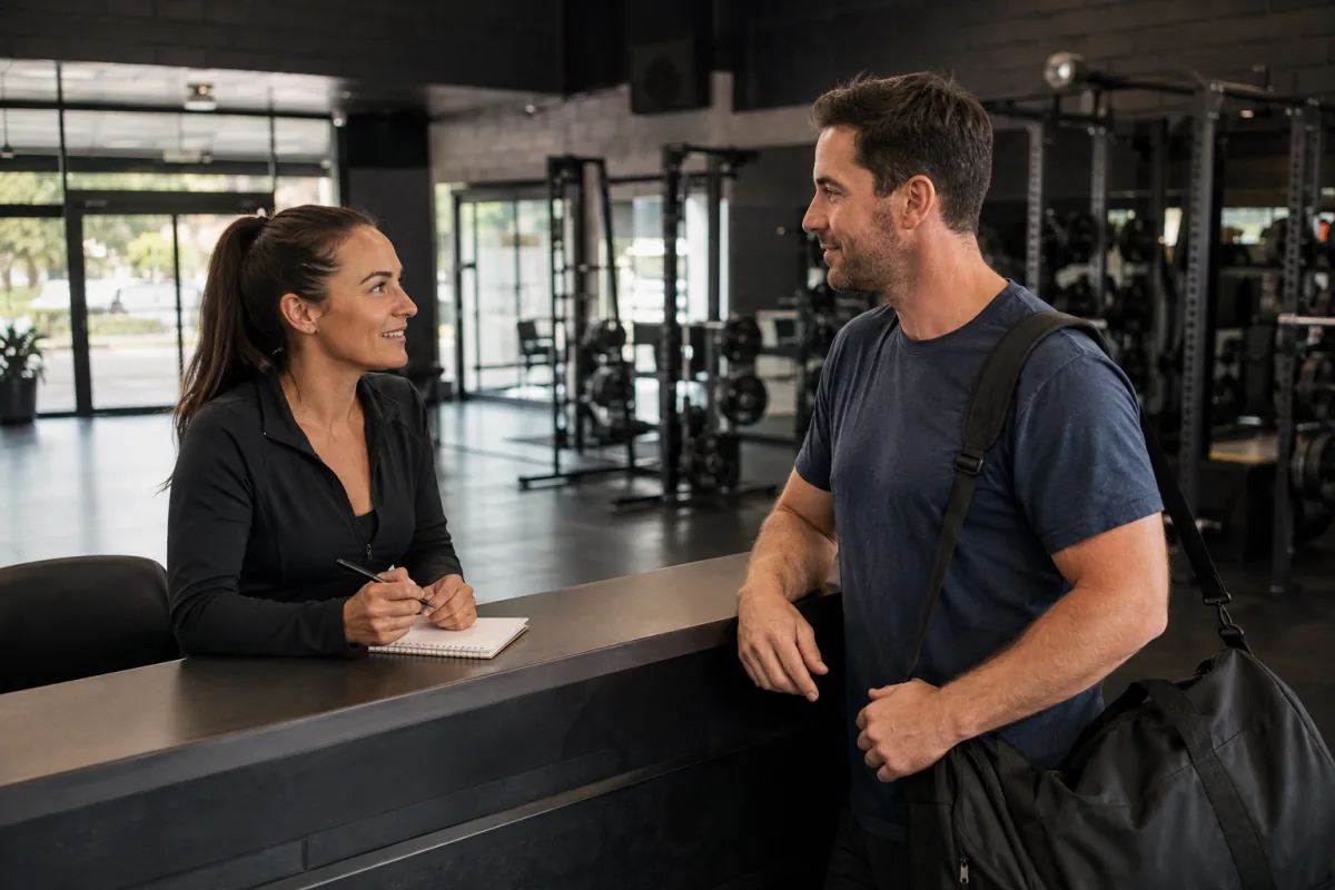 A staff member speaking with a prospective gym member
