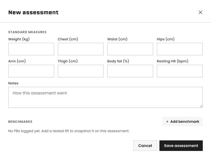 The actual assessment form, with body measurements and personal benchmarks.