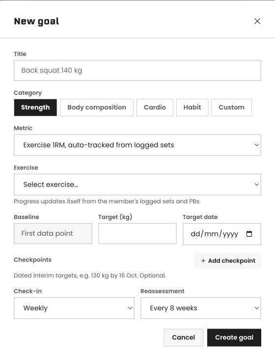 Set a target, checkpoints and reassessment dates in the real Pulse goal form.