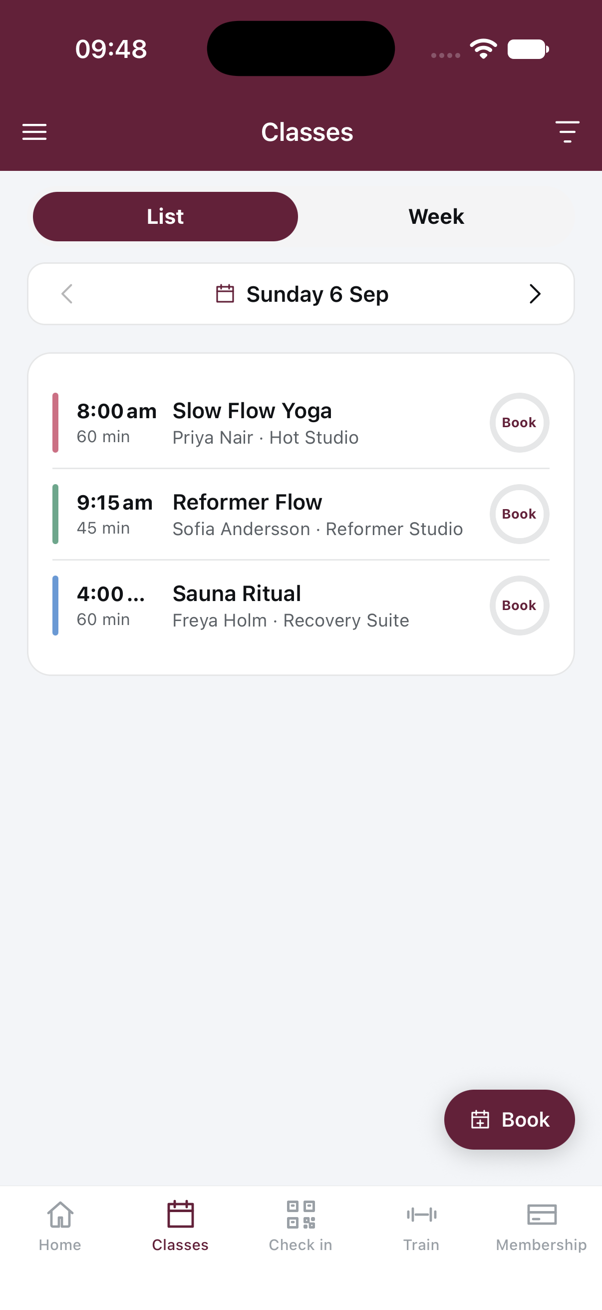 Members browse and book classes in the real Pulse Member app.