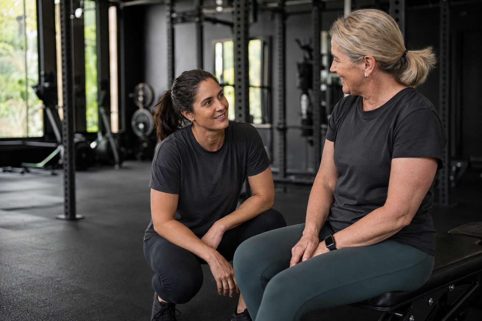 A coach checking in with a member on the gym floor